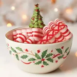 A decorative bowl with holly patterns, filled with peppermint candies in red and white stripes. A small ceramic Christmas tree decorates the center.