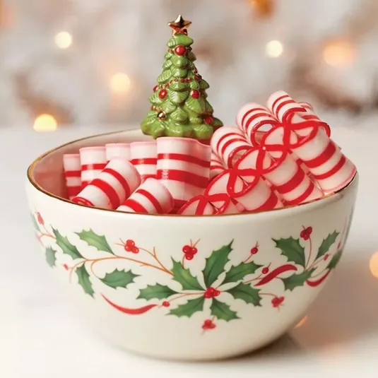 A decorative bowl with holly patterns, filled with peppermint candies in red and white stripes. A small ceramic Christmas tree decorates the center.