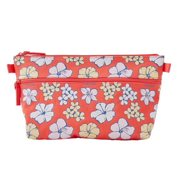 A red cosmetic bag with a floral pattern and a zippered closure.
