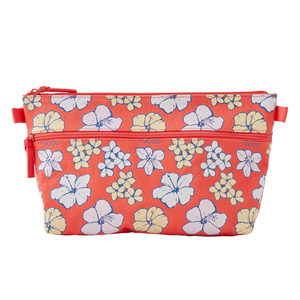 A red cosmetic bag with a floral pattern and a zippered closure.