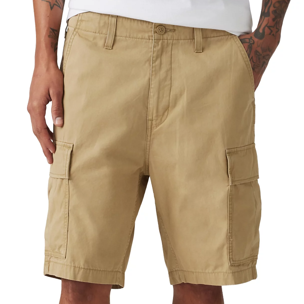 Beige Levi's cargo shorts featuring multiple pockets, a button closure, belt loops, and a knee-length fit, ideal for casual wear.