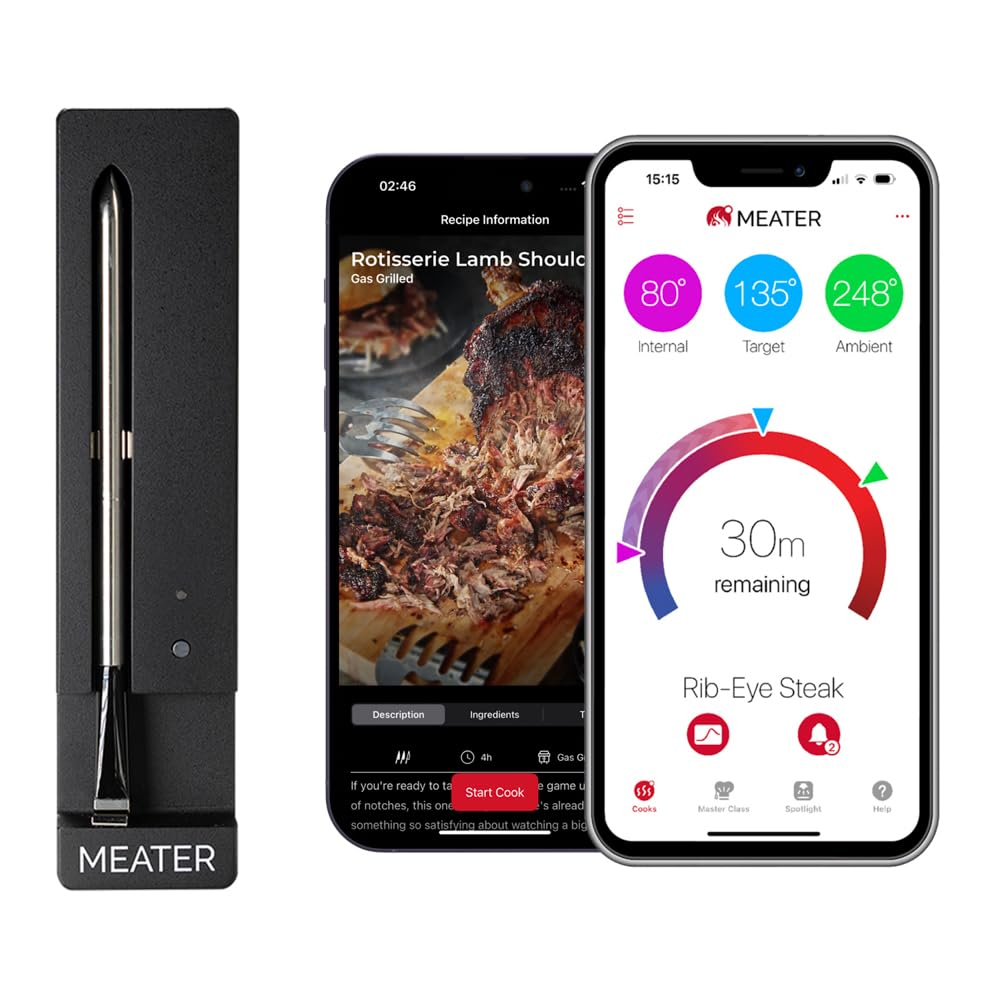 The MEATER Smart Meat Thermometer includes a probe and a smartphone app displaying real-time cooking data, such as internal, target, and ambient temperatures, plus time remaining for a rib-eye steak.