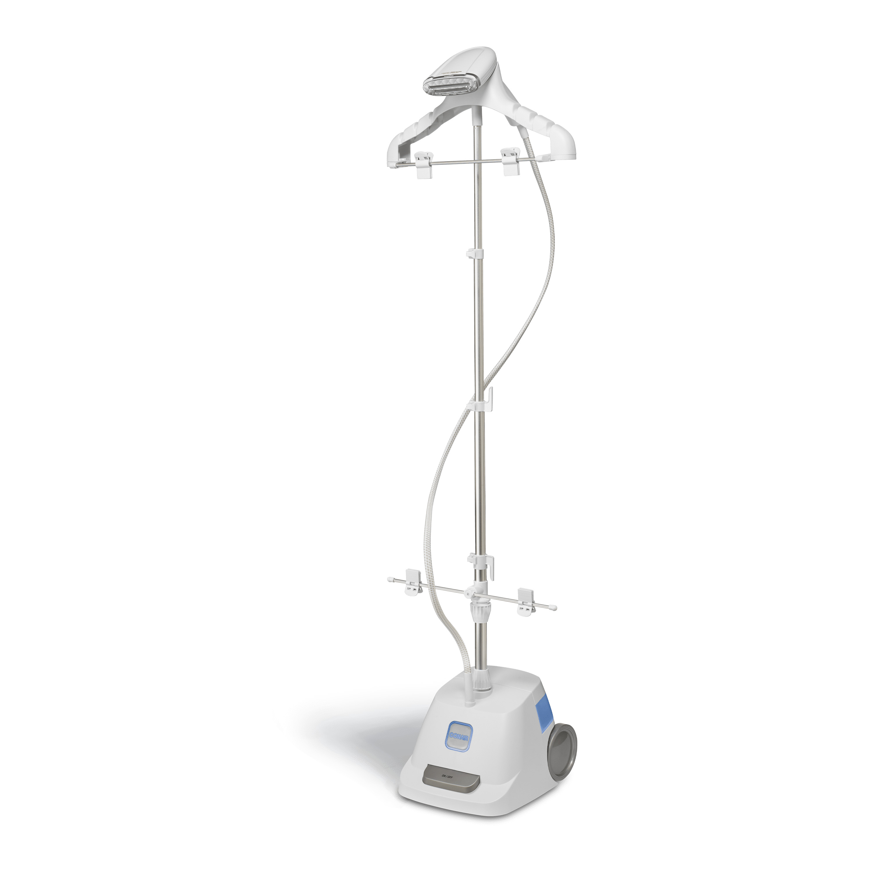 Conair Upright Fabric Steamer features a stand with an adjustable pole, a steam head with a built-in hanger, and a base with wheels for mobility. It is designed for de-wrinkling and freshening garments.