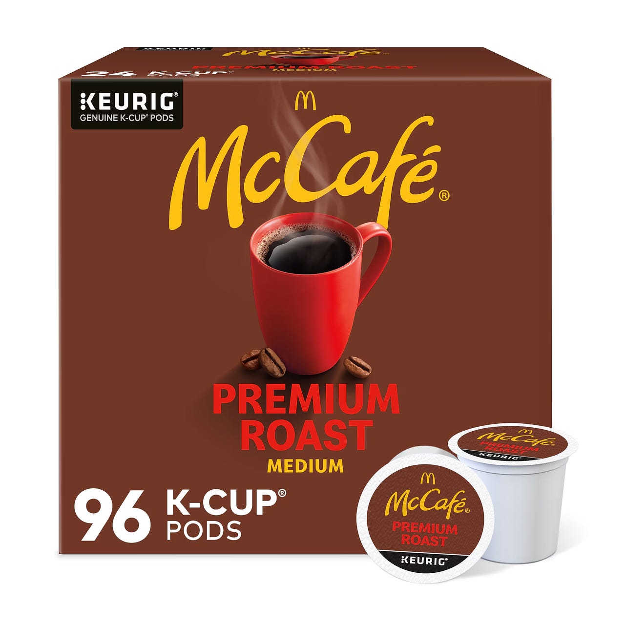 McCafé Premium Roast Medium K-Cup Pods, for use with Keurig machines, packaged in a box of 96 counts.