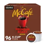 McCafé Premium Roast Medium K-Cup Pods, for use with Keurig machines, packaged in a box of 96 counts.