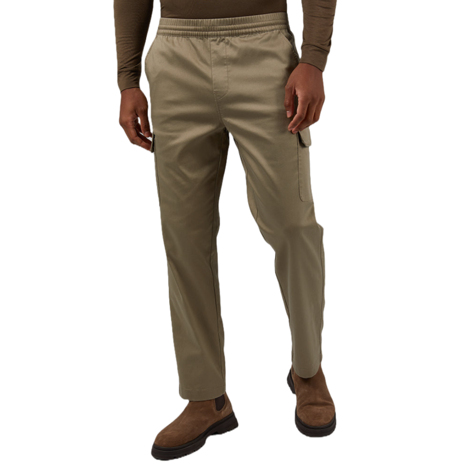 Khaki pull-on cargo pants with a stretch waistband, side pockets, and additional cargo pockets on the thighs, paired with brown shoes.