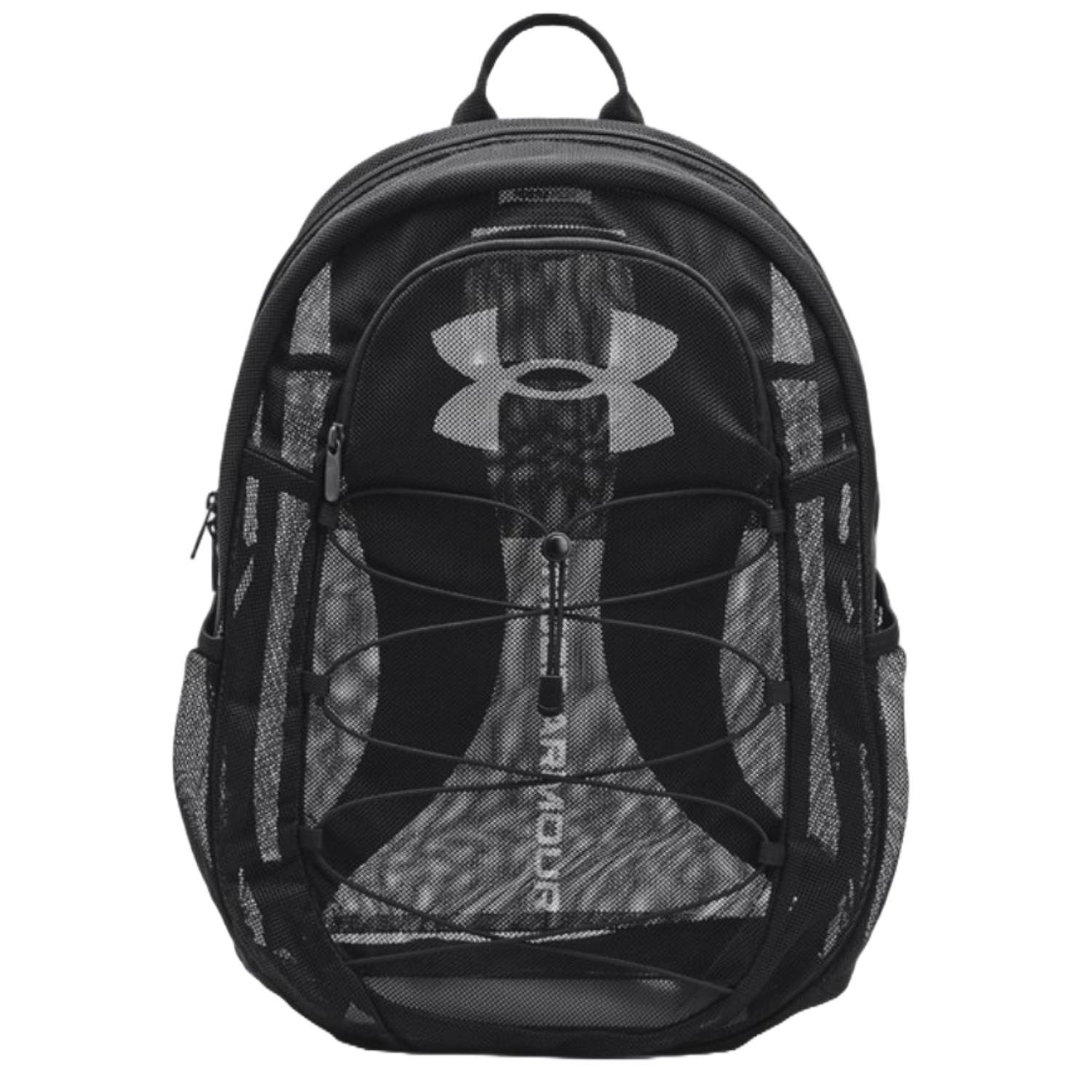 The UA Hustle Mesh Backpack is a black, durable backpack featuring a large logo, a front compartment with a bungee cord, and multiple zippered sections for storage. It has adjustable shoulder straps and side pockets for added convenience.