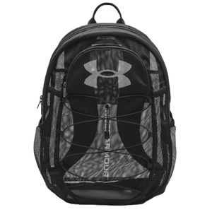 The UA Hustle Mesh Backpack is a black, durable backpack featuring a large logo, a front compartment with a bungee cord, and multiple zippered sections for storage. It has adjustable shoulder straps and side pockets for added convenience.