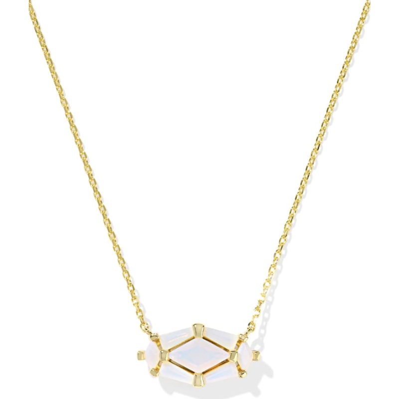 Lindy Rae Elisa Necklace features a gold chain with a central opalescent hexagonal pendant set in a minimalist design.