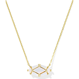 Lindy Rae Elisa Necklace features a gold chain with a central opalescent hexagonal pendant set in a minimalist design.