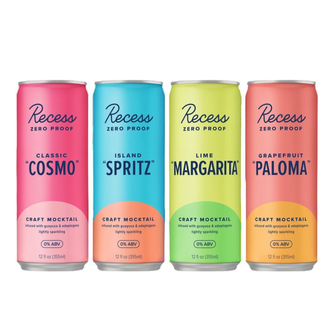 Recess Zero Proof offers four lightly sparkling craft mocktails: Classic \“Cosmo,\“ Island \“Spritz,\“ Lime \“Margarita,\“ and Grapefruit \“Paloma,\“ each infused with guayusa and adaptogens, 0% ABV, 12 fl oz (355 ml).
