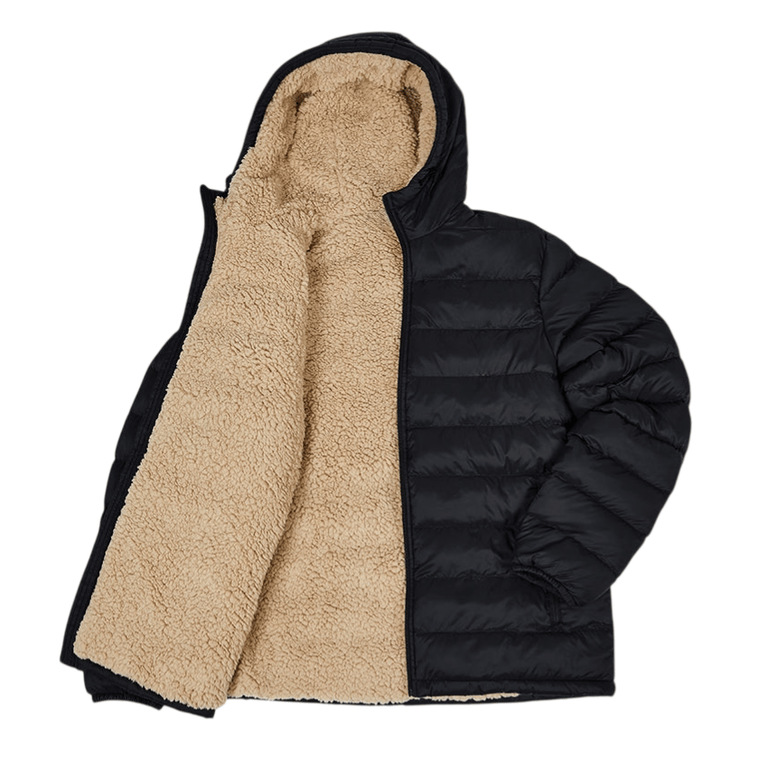 A black puffer jacket with a beige fleece lining and hood, designed for warmth and comfort.