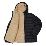 A black puffer jacket with a beige fleece lining and hood, designed for warmth and comfort.