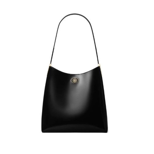 A black handbag with a minimalist design features a single shoulder strap and a small gold logo on the front.