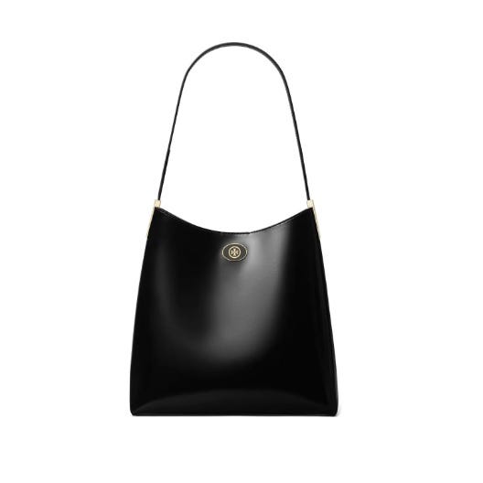 A black handbag with a minimalist design features a single shoulder strap and a small gold logo on the front.