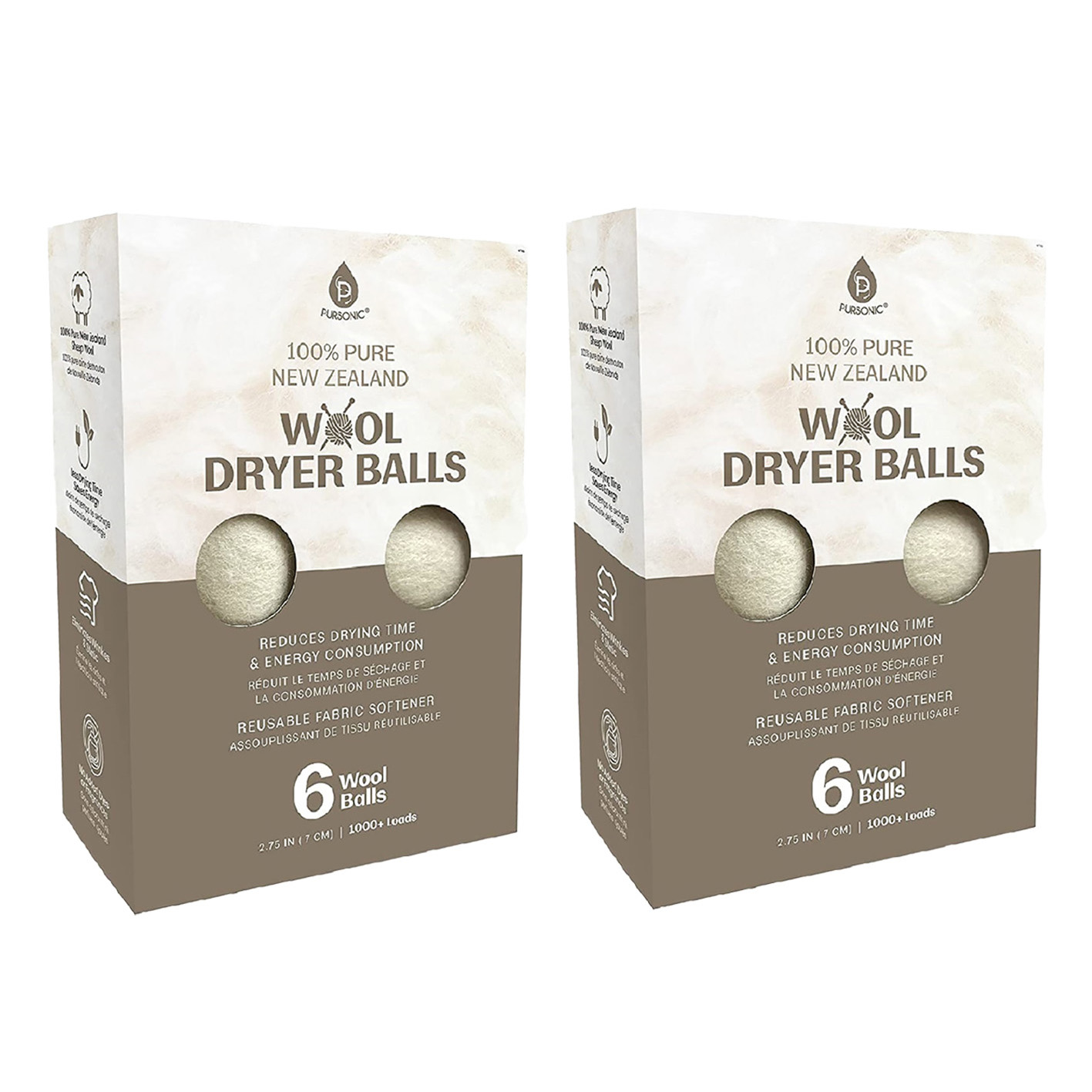 Two packages of 100% pure New Zealand wool dryer balls, each containing six balls. These reusable fabric softeners reduce drying time and energy consumption, suitable for over 1,000 loads.