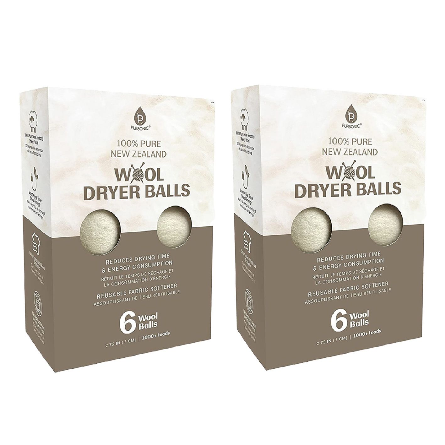 Two packages of 100% pure New Zealand wool dryer balls, each containing six balls. These reusable fabric softeners reduce drying time and energy consumption, suitable for over 1,000 loads.