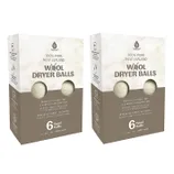 Two packages of 100% pure New Zealand wool dryer balls, each containing six balls. These reusable fabric softeners reduce drying time and energy consumption, suitable for over 1,000 loads.