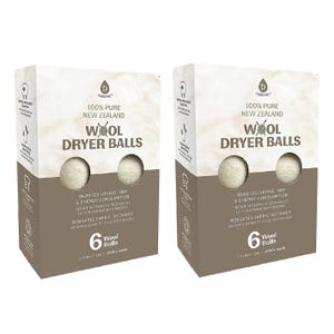 Two packages of 100% pure New Zealand wool dryer balls, each containing six balls. These reusable fabric softeners reduce drying time and energy consumption, suitable for over 1,000 loads.
