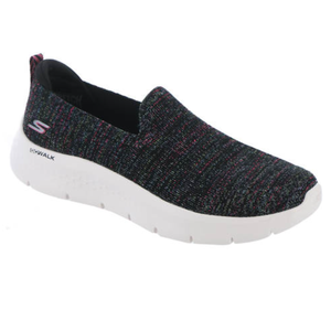 Skechers Go Walk Flex-Vivid Shoes are black slip-on sneakers with a multi-color knit fabric upper and a white cushioned sole, designed for comfort and flexibility.