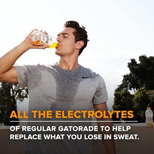 A person drinks from a bottle labeled \“Gatorade Zero,\“ with a caption highlighting that it provides the same electrolytes as regular Gatorade for hydration.