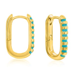 Gold-tone hoop earrings with rectangular shapes featuring blue enamel accents on one side.
