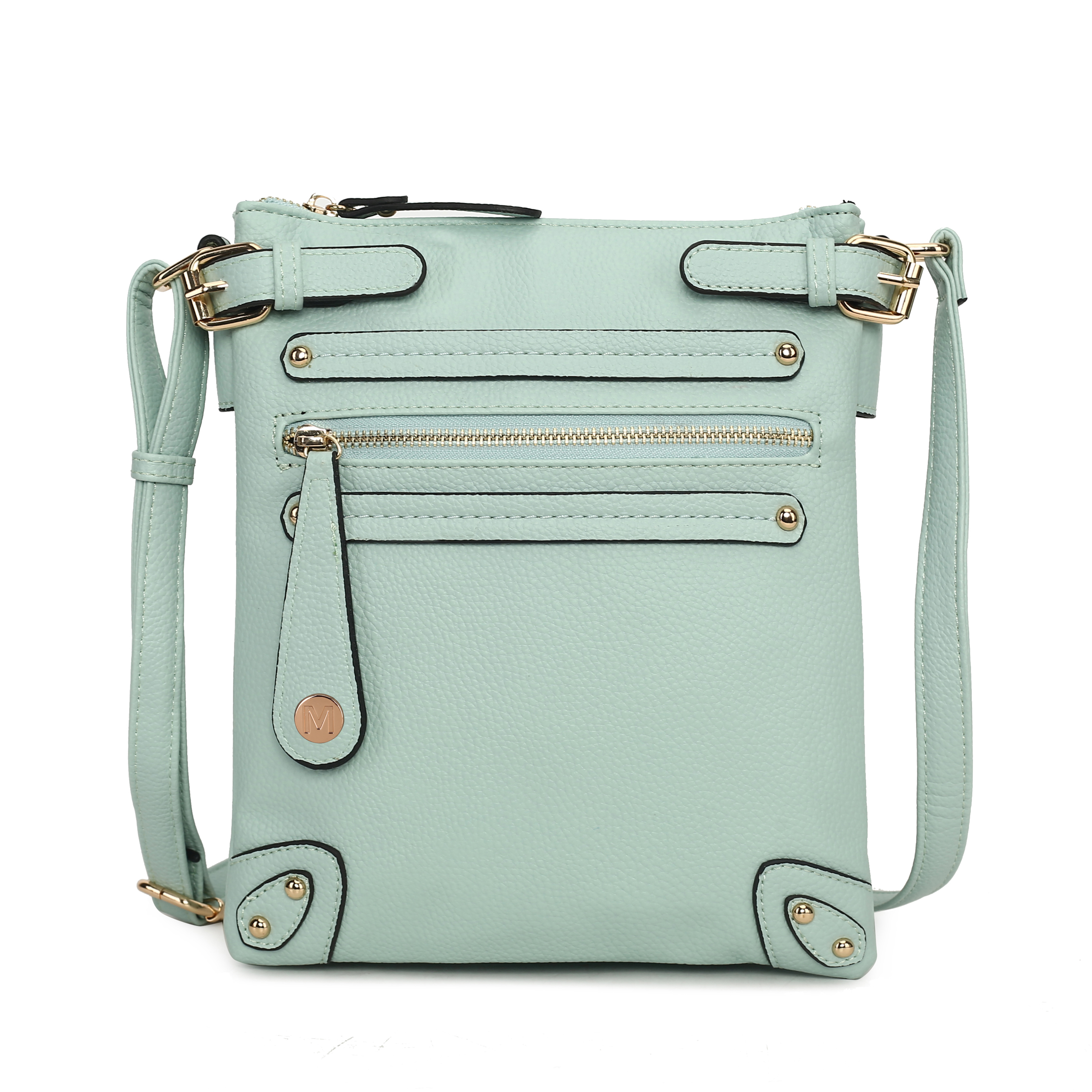 A mint green crossbody bag with gold-toned hardware, featuring multiple zippered pockets and an adjustable strap.