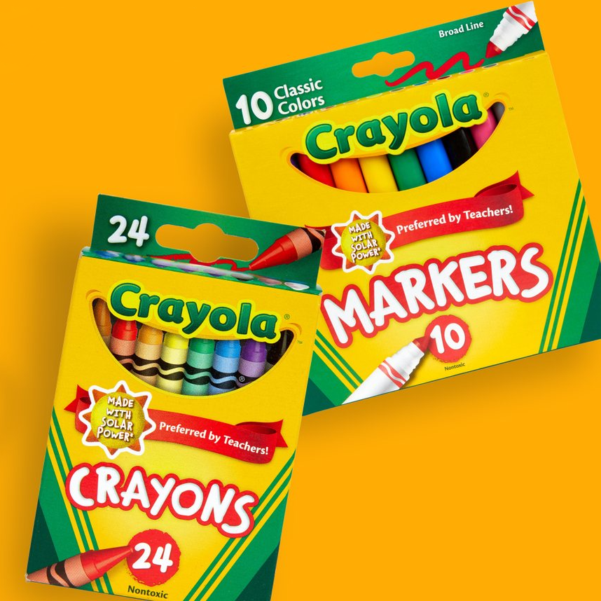 Boxes of Crayola crayons and markers, with the crayon box holding 24 colors and the marker box containing 10 classic colors.