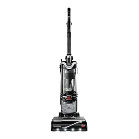 A black upright vacuum cleaner with a clear dust canister and handle, featuring the Bissell brand logo and designed for efficient floor cleaning.