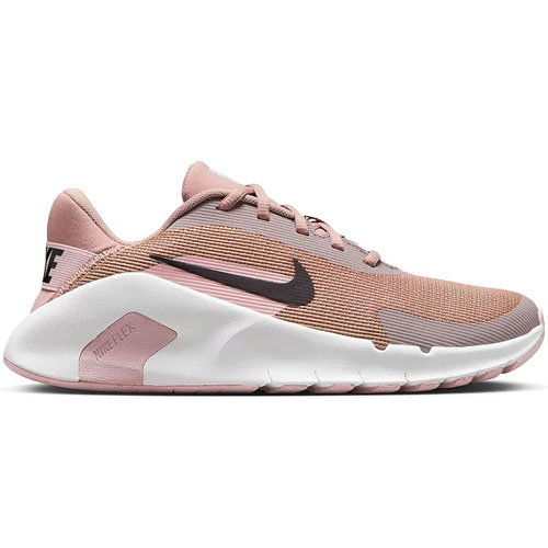 A pink and white Nike sneaker with a black swoosh, featuring a breathable mesh upper and the text \“NIKETEXT\“ on the sole.