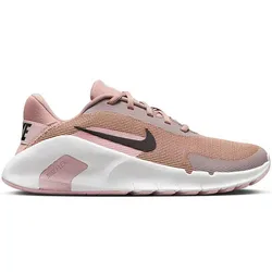 A pink and white Nike sneaker with a black swoosh, featuring a breathable mesh upper and the text \“NIKETEXT\“ on the sole.