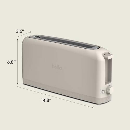 A long slot toaster with dimensions: 14.8\“ L x 3.6\“ W x 6.8\“ H.