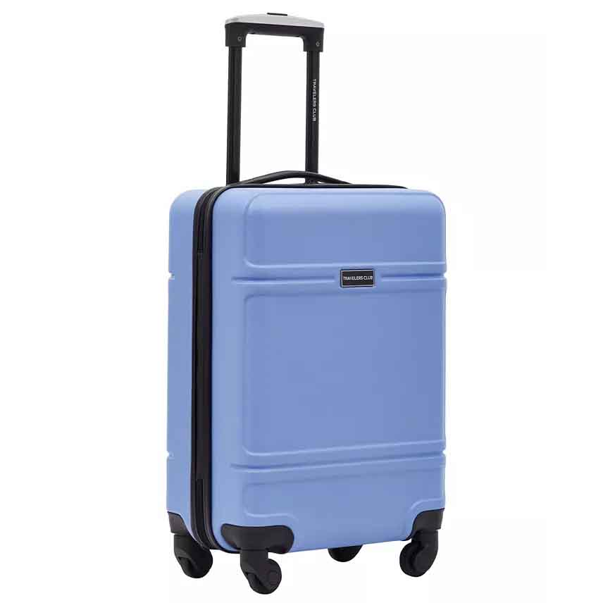 Light blue hard-shell suitcase with four swivel wheels, a telescopic handle, and a brand label.