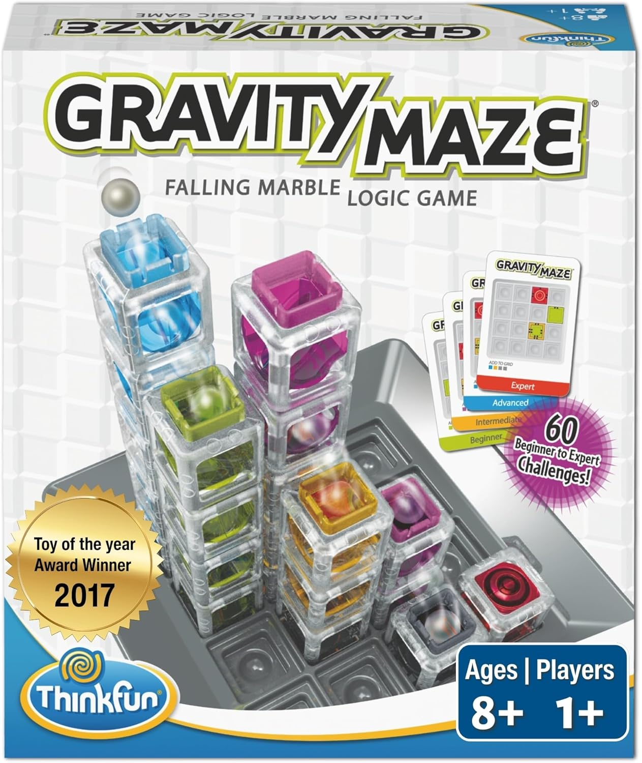 Gravity Maze by Thinkfun is a falling marble logic game for ages 8 and up, featuring 60 challenges from beginner to expert.