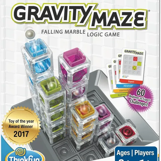 Gravity Maze by Thinkfun is a falling marble logic game for ages 8 and up, featuring 60 challenges from beginner to expert.
