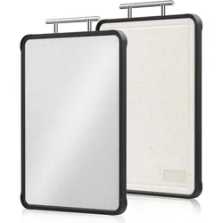 Two double-sided cutting boards with a black rubber edge and metal handles, featuring one smooth white speckled side and one textured surface for non-slip chopping.