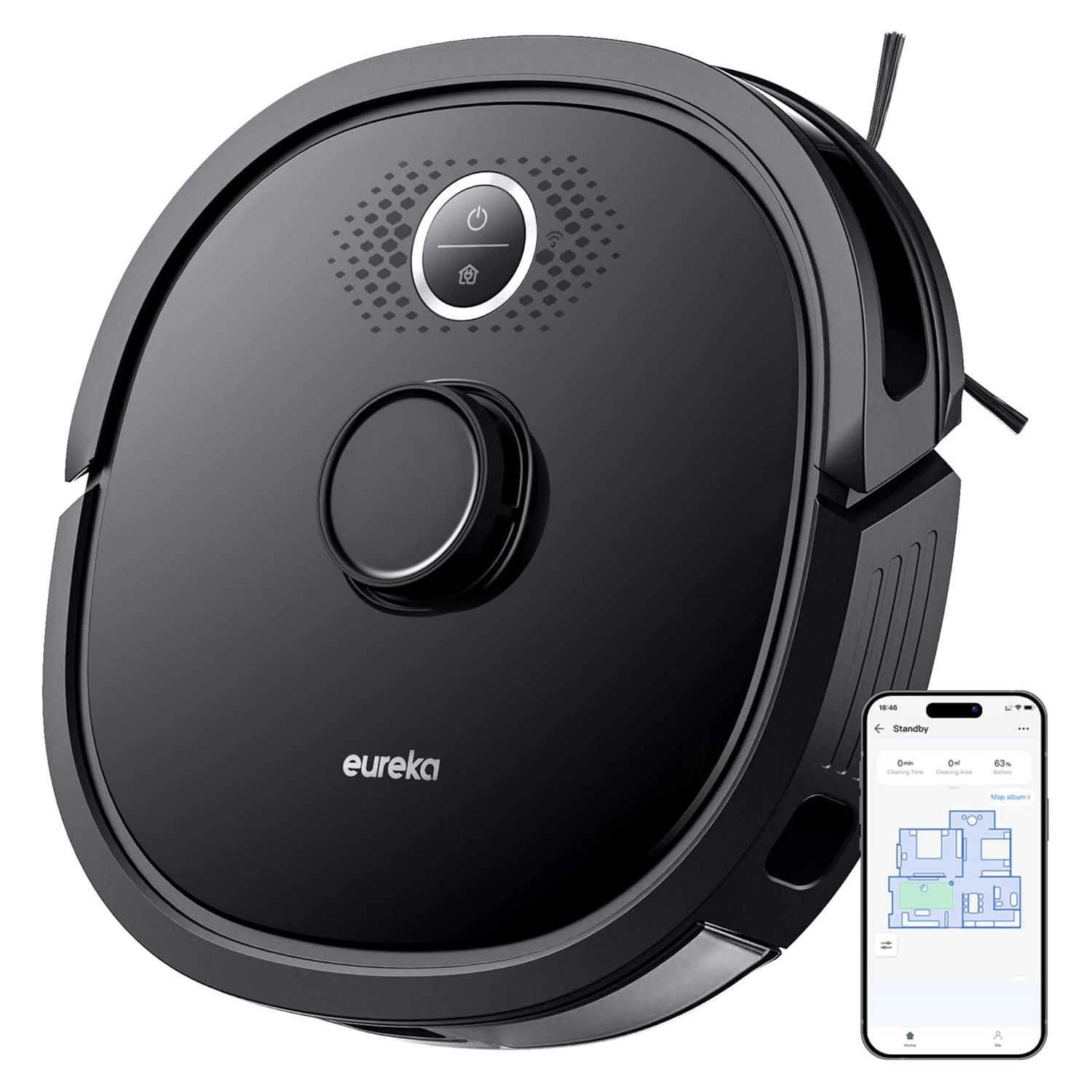 EUREKA Robotic Vacuum Cleaner NER650 is a sleek black device with app connectivity for mapping and control. It features a circular design with dual side brushes for efficient cleaning.