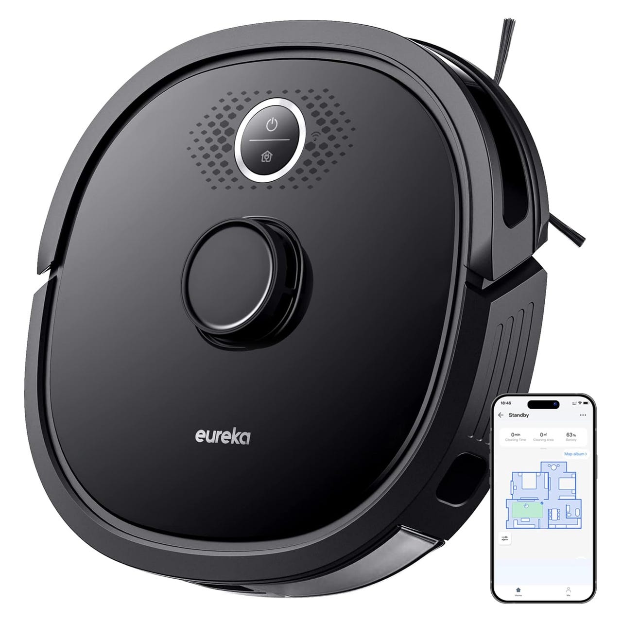 EUREKA Robotic Vacuum Cleaner NER650 is a sleek black device with app connectivity for mapping and control. It features a circular design with dual side brushes for efficient cleaning.