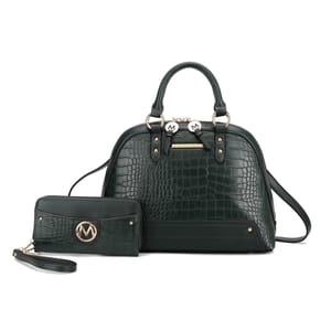 Dark green crocodile-pattern handbag and wallet set, featuring silver-toned hardware and M logo details.