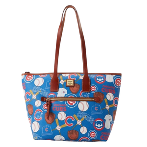 A tote bag featuring a Chicago Cubs theme with baseballs, bats, gloves, and team logos in a colorful pattern. It has brown leather handles and a front zipper pocket.