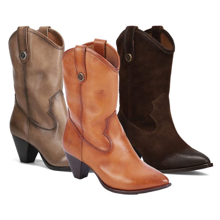 Three different colored cowboy boots in shades of tan, orange, and dark brown, displayed side by side.