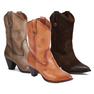 Three different colored cowboy boots in shades of tan, orange, and dark brown, displayed side by side.
