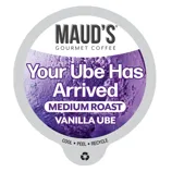 Maud's Gourmet Coffee, Vanilla Ube flavor, medium roast, emphasizes a recyclable design.