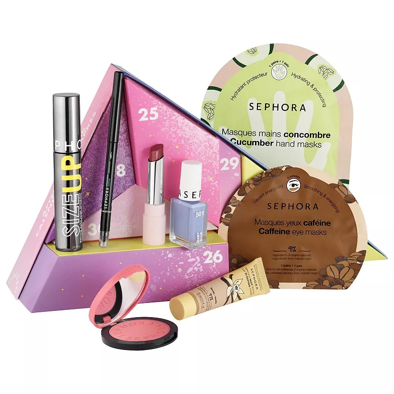 Sephora's 8pc After Advent Calendar includes a mascara, eyeliner, lipstick, nail polish, hand masks, eye masks, blush, and a vanilla lip balm. The packaging displays numbers 25 through 29 on a triangular design.