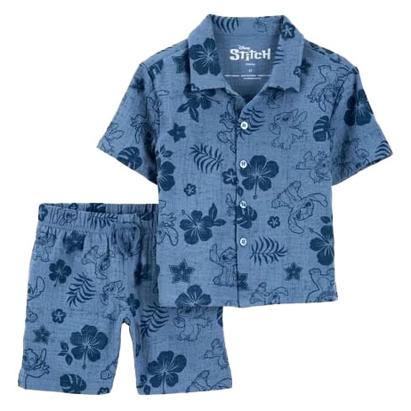 A short-sleeve two-piece set featuring a blue shirt and matching shorts with an all-over print of Stitch from Disney, accompanied by floral and leaf motifs.