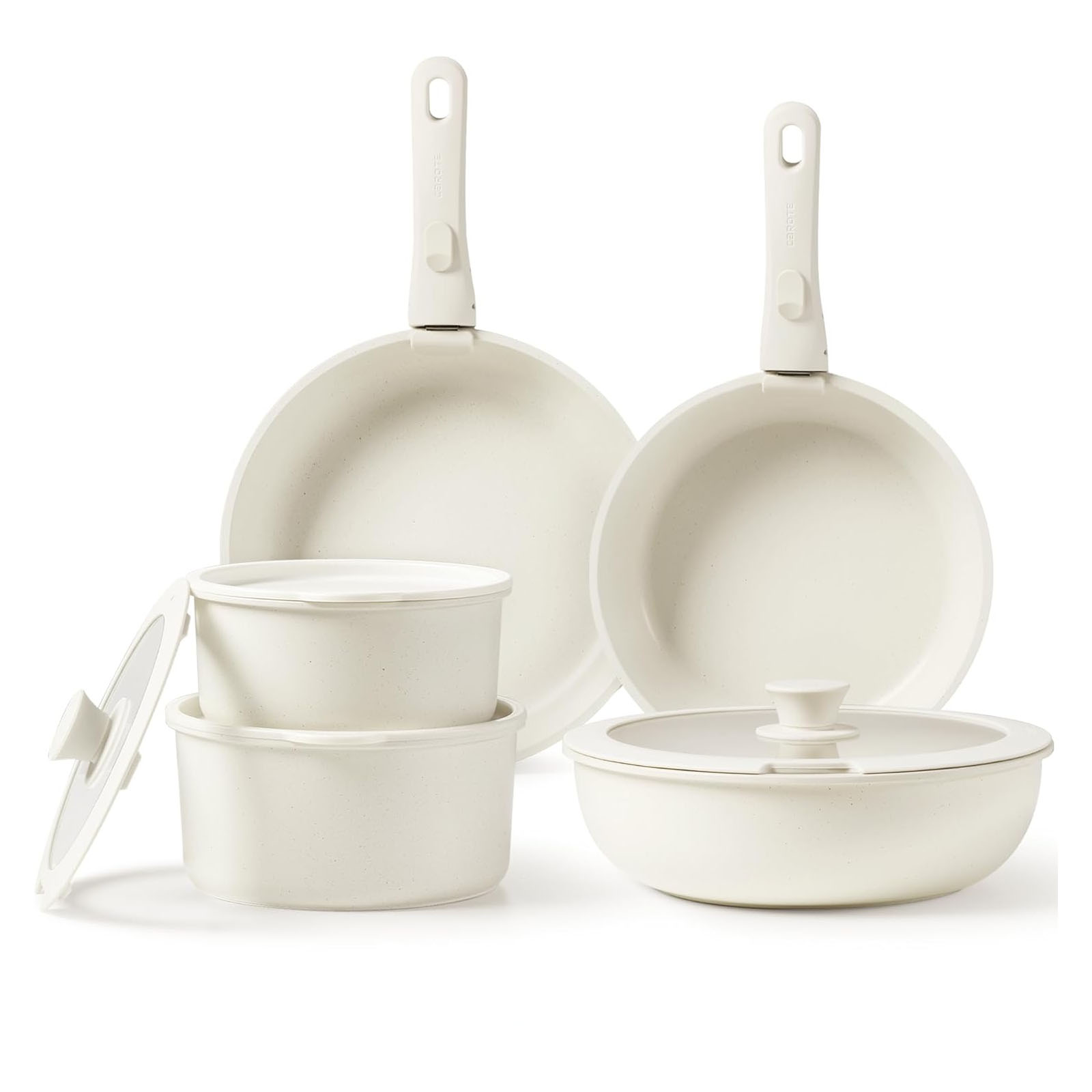 Carote Detachable-Handle Cookware Set includes two fry pans with detachable handles, stacking saucepans with lids, and a sauté pan with a lid, all in a white, non-stick finish.