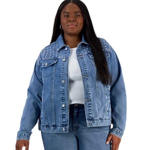 Plus-Size Madden Girl Denim Jacket featuring a studded design on the shoulders, button-front closure, and double chest pockets. Made from medium-wash denim, it offers a relaxed fit suitable for casual wear.