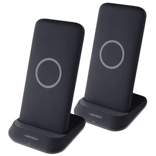 Two black wireless charging stands with a circular charging indicator on the front, branded \“Ventev.\“