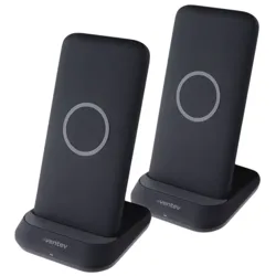 Two black wireless charging stands with a circular charging indicator on the front, branded \“Ventev.\“