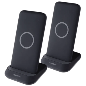 Two black wireless charging stands with a circular charging indicator on the front, branded \“Ventev.\“